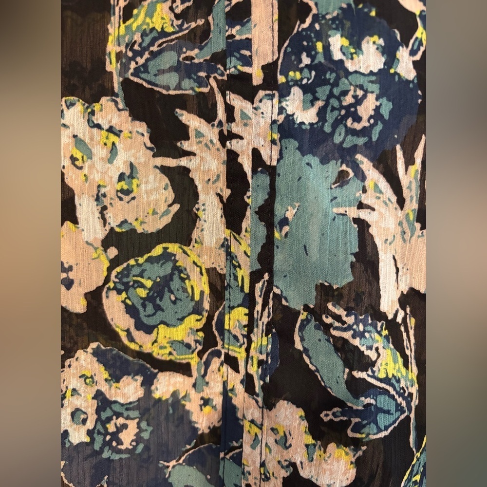 Fun 2 Fun Navy Teal Flutter Sleeve V-Neck Sheer Floral Boho Blouse Size Small - Picture 7 of 11